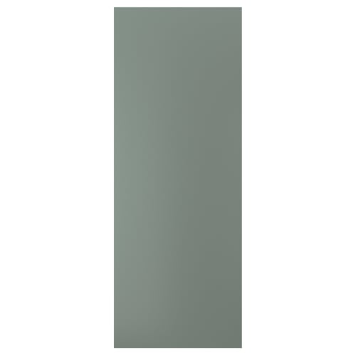 This image shows a NICKEBO kitchen cabinet front in a grey-green shade. It is rectangular and a smooth, uniform design with plastic edging.