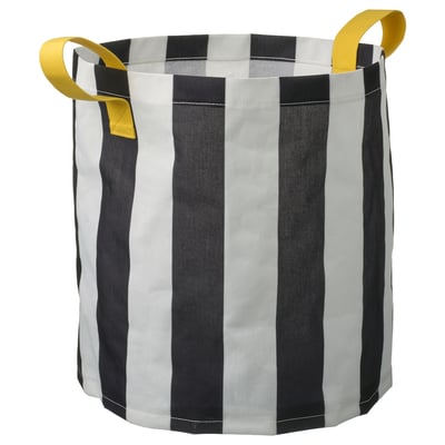 NICKY round storage bag, black & white stripes, mesh sides, yellow handles.