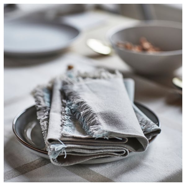 NISSÖGA Napkin, beige/light blue, 14x14 "