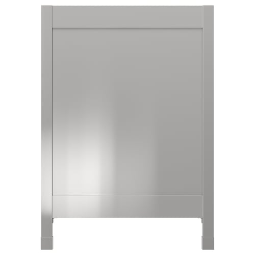 A NOGSTA stainless steel kitchen cabinet. Its a modern, rectangular shape with a sleek, industrial design. The cabinet stands on two legs.