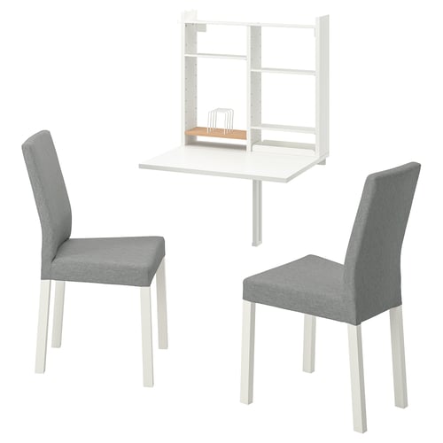 White wall-mounted drop-leaf table with storage and two grey fabric chairs with wooden legs.