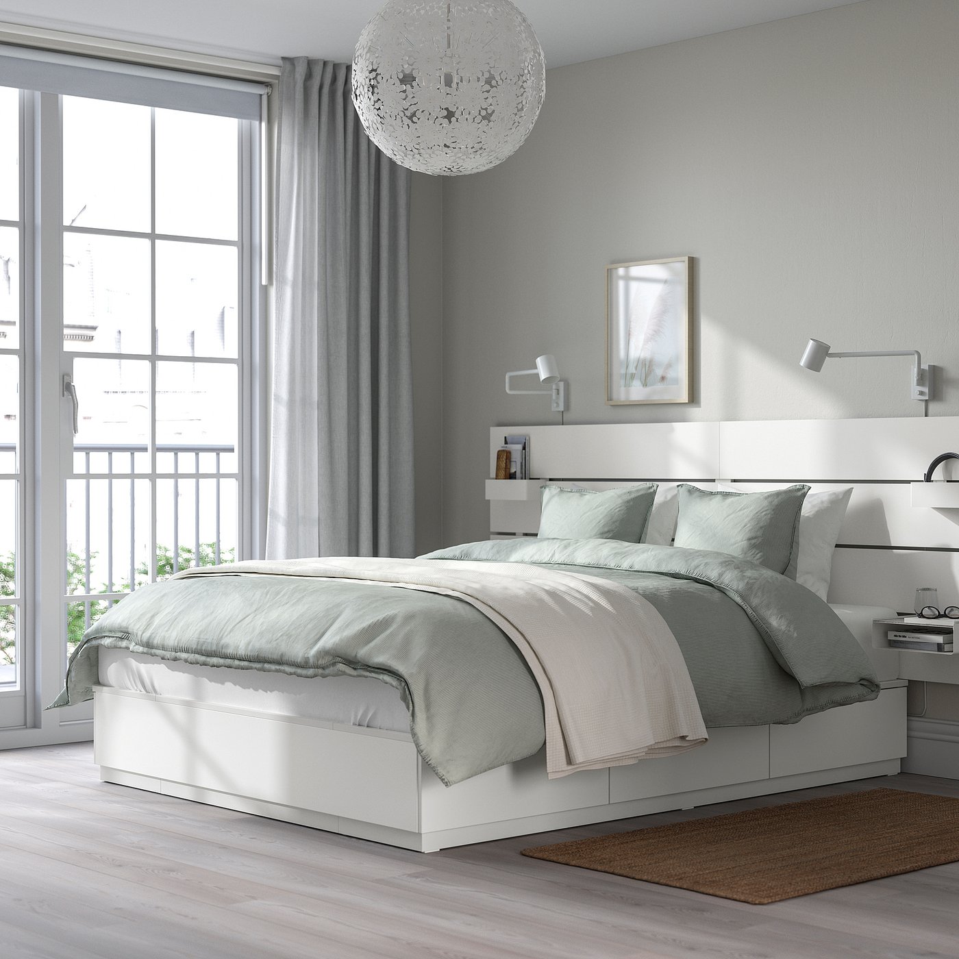 Bed frame with storage and mattress, with headboard white/Vågstranda plush 4