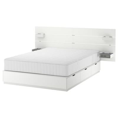 NORDLI Bed frame with storage and mattress, with headboard white/Vågstranda plush, Queen