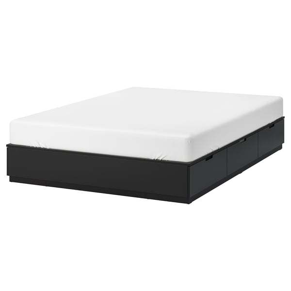 NORDLI bed: compact, dark grey, rectangular, wood & acrylic, storage drawers, sleek design.