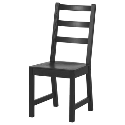 Black wooden chair, NORDVIKEN, ladder back, solid pine, curved seat, simple design.