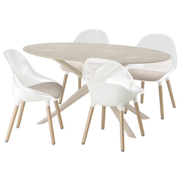 A modern dining set called NORRMJÖLE. It includes a round, light-colored wooden table surrounded by four white chairs with light wood legs.