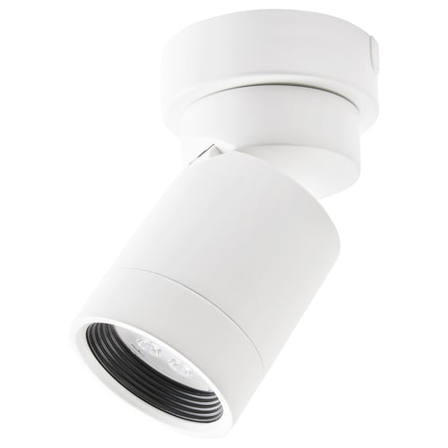 A white NYMÅNE adjustable spot lamp with a sleek, modern design, made of aluminium and plastic.