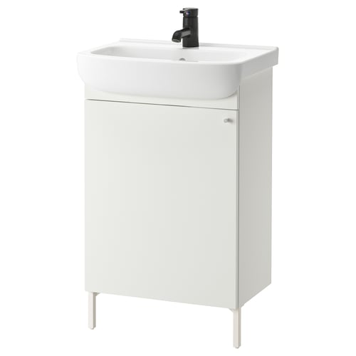 A NYSJÖN white bathroom vanity with a single cabinet, white sink, and black tap. Modern and compact design for small spaces.