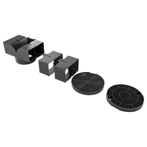 NYTTIG FIL 20 kitchen philtres, black, designed for grease and odour control. It includes four rectangular duct connectors and two circular philtres.