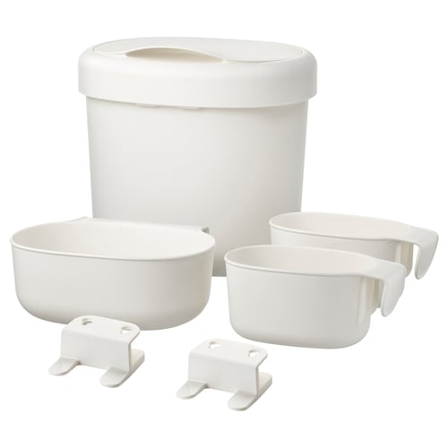 White ÖNSKLIG baby care set: bin, 2 baskets, 2 hooks. Plastic, hanging design.