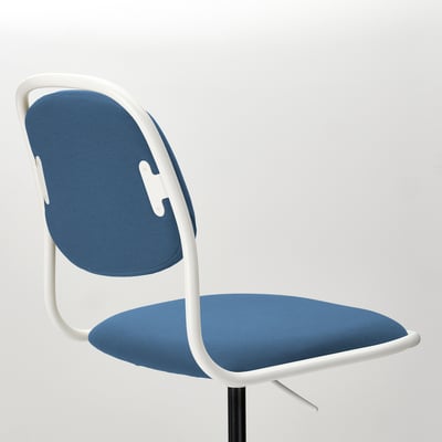 Modern office chair with blue fabric, white frame, adjustable height, swivelling base, and safety castors.