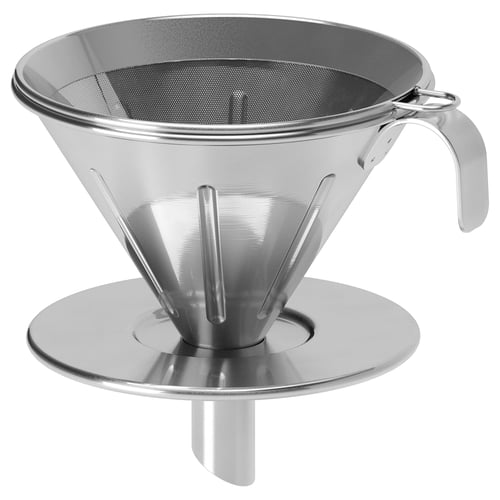 Silver metal coffee philtre, conical shape, with handle, sits on circular base. Durable and reusable steel.
