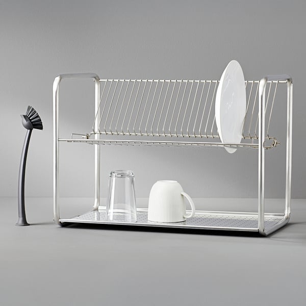 Stainless steel dish drainer: holds plate, glass, mug. Compact for small spaces.