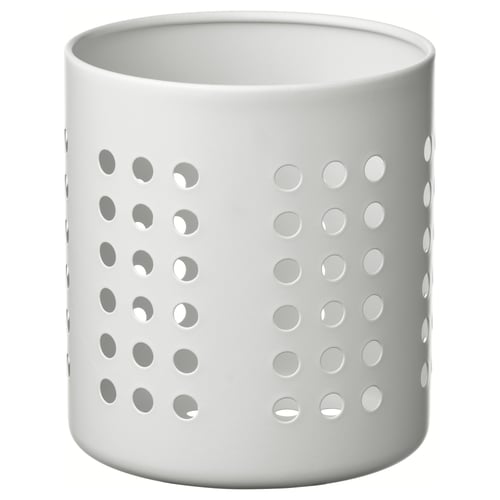 A white ORDNING cutlery holder, made of stainless steel, with a cylindrical shape and circular cutout design.