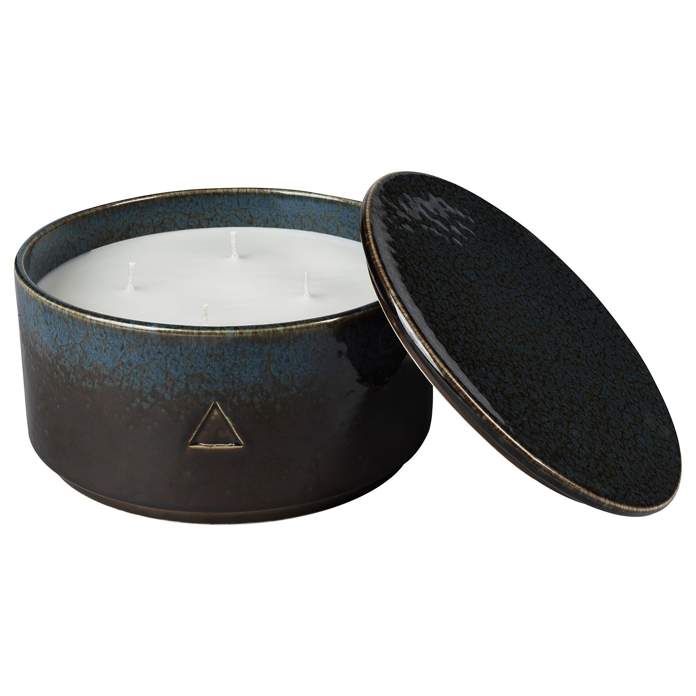 OSYNLIG Scented candle in pot w 4 wicks/lid, Tobacco & Honey/black blue