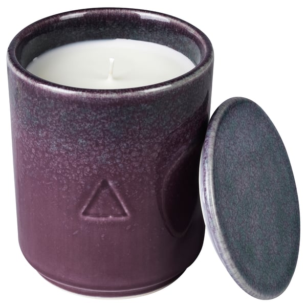 OSYNLIG Scented candle in pot with lid, Cassis & Freesia/purple