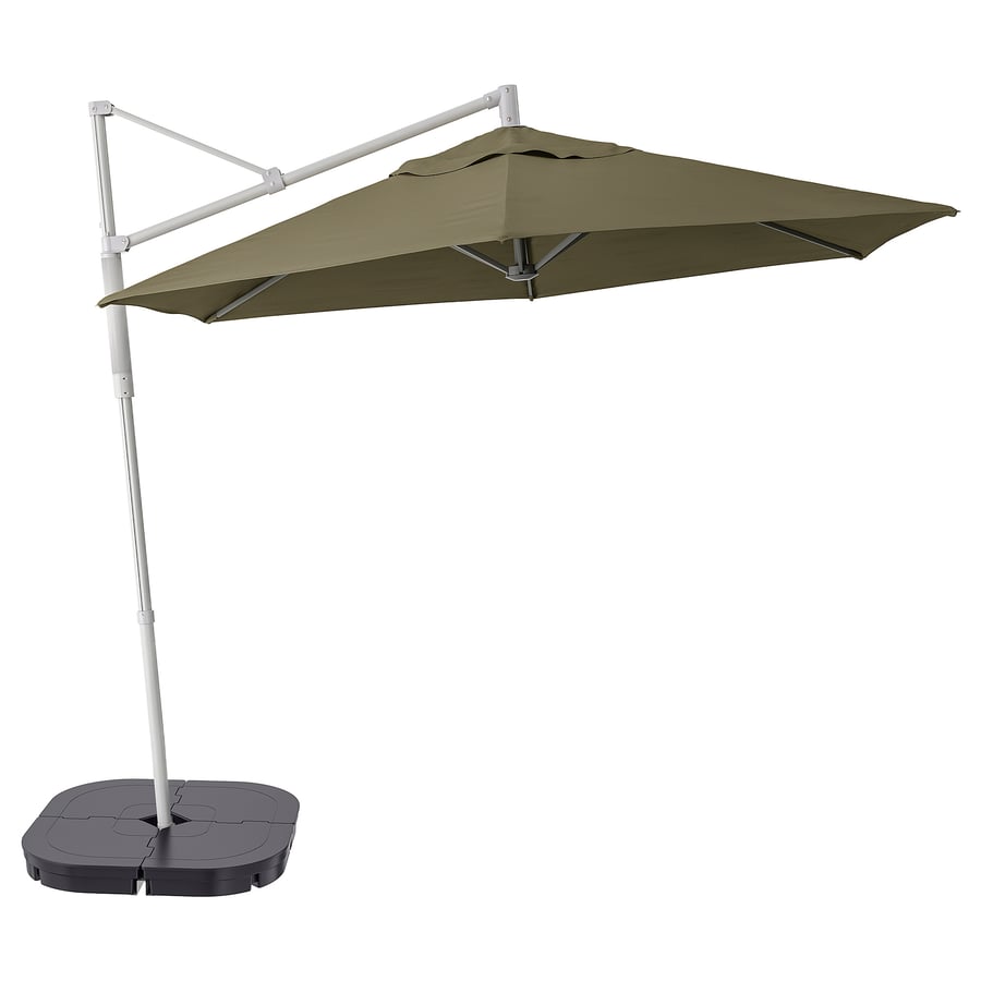 OXNÖ / LINDÖJA Hanging umbrella with base, beigegreen/Svartö dark gray