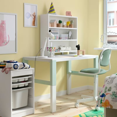 PÅHL Desk with add-on unit, height adjustable white/light green, 37 3/4x22 7/8 "
