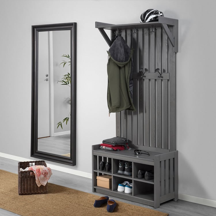 PANGET Coat rack with shoe storage bench, dark gray/stained, 331/2x161/8x783/4" IKEA