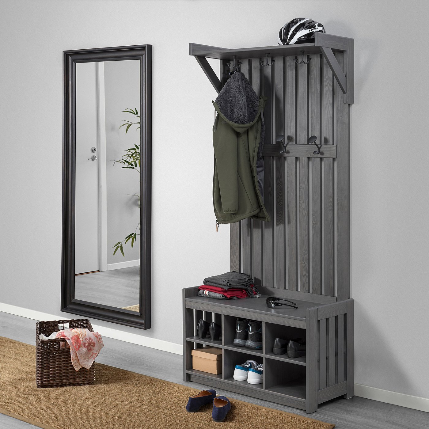 PANGET Coat rack with shoe storage bench, dark gray/stained ...