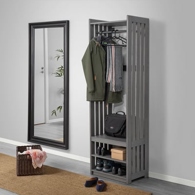 PANGET Coat rack with shoe storage unit, dark gray/stained, 23 3/8x16x75 "