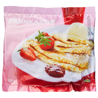 IKEA PANNKAKOR pancakes bag, 720g, showing stacked pancakes with berries and cream.