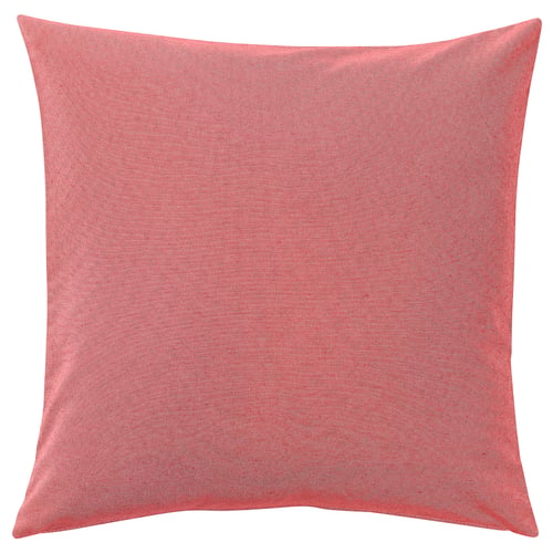 Square decorative red pillow with textured, striped design. Made from recycled materials including cotton and polyester.