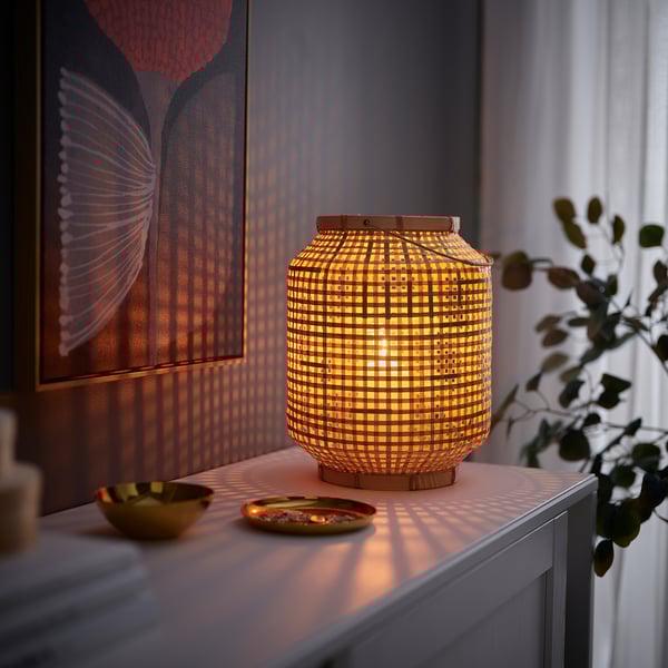PÅVEFINK Lantern for pillar candle, bamboo, 13 "