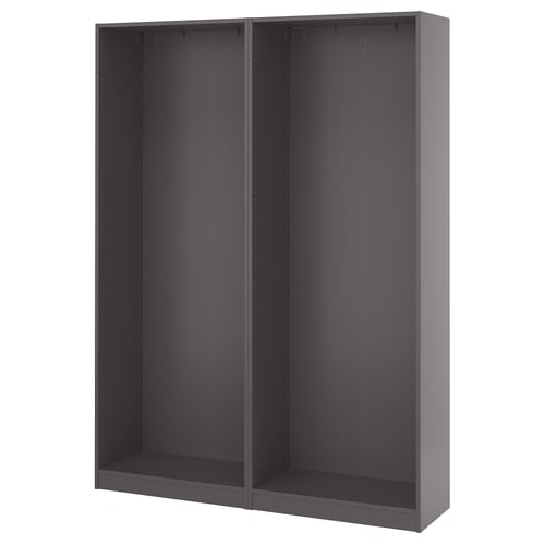 Grey PAX wardrobe frame, tall and open, with adjustable feet and mounting rails.