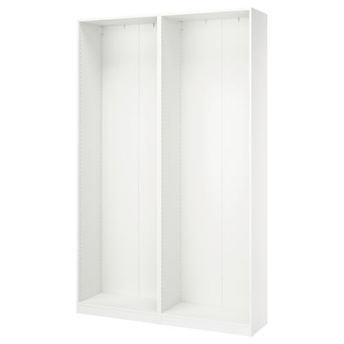 A white PAX wardrobe frame. Its rectangular, with adjustable feet, and designed for wall mounting.
