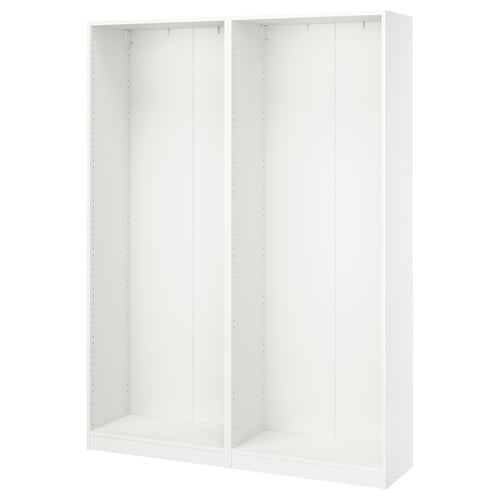 A white ikea PAX wardrobe frame, featuring a sleek design with adjustable feet, ideal for bedrooms with limited space.