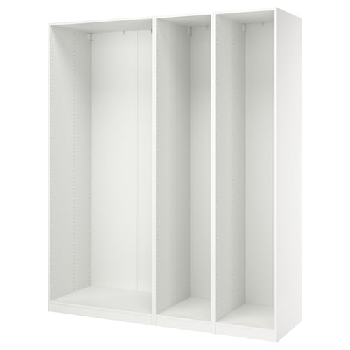 A white PAX wardrobe frame. Its a modular design with three sections, perfect for organised storage.