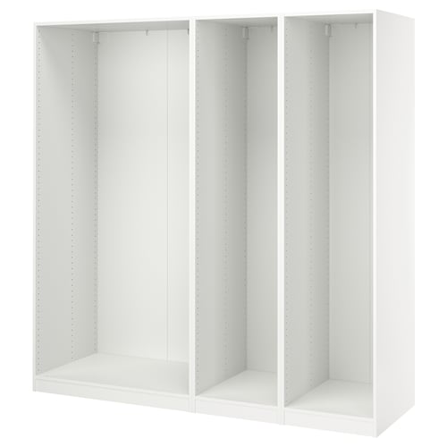 A white IKEA PAX wardrobe frame, rectangular, with adjustable feet for floor levelling.