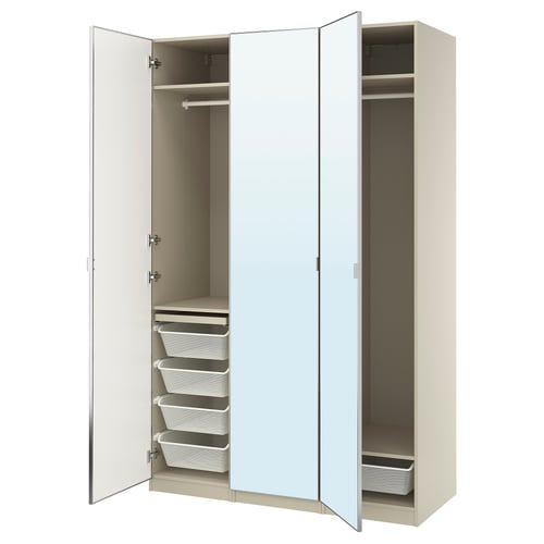 PAX wardrobe, white, mirrored doors, with mesh baskets, hanging rail, pull-out trays.