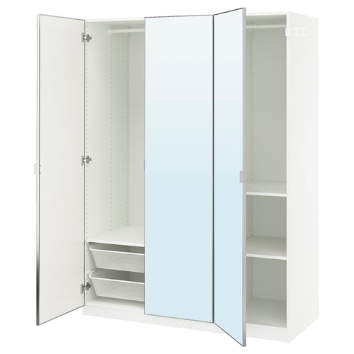 White PAX wardrobe, mirrored doors, metallic hinge details, organised with shelves and mesh baskets.