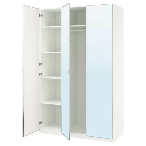 PAX white wardrobe with mirror doors, adjustable shelves, and soft-close hinges.