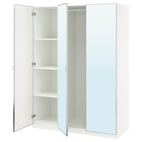 A white PAX wardrobe with mirrored doors, featuring three open sections with shelves.