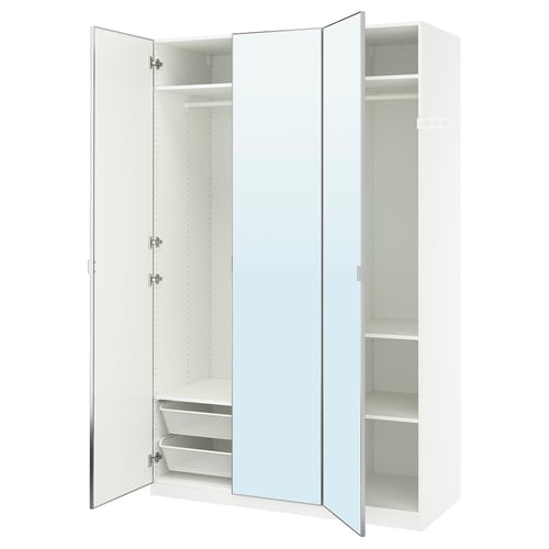 A white PAX wardrobe with mirrored doors and internal shelves.