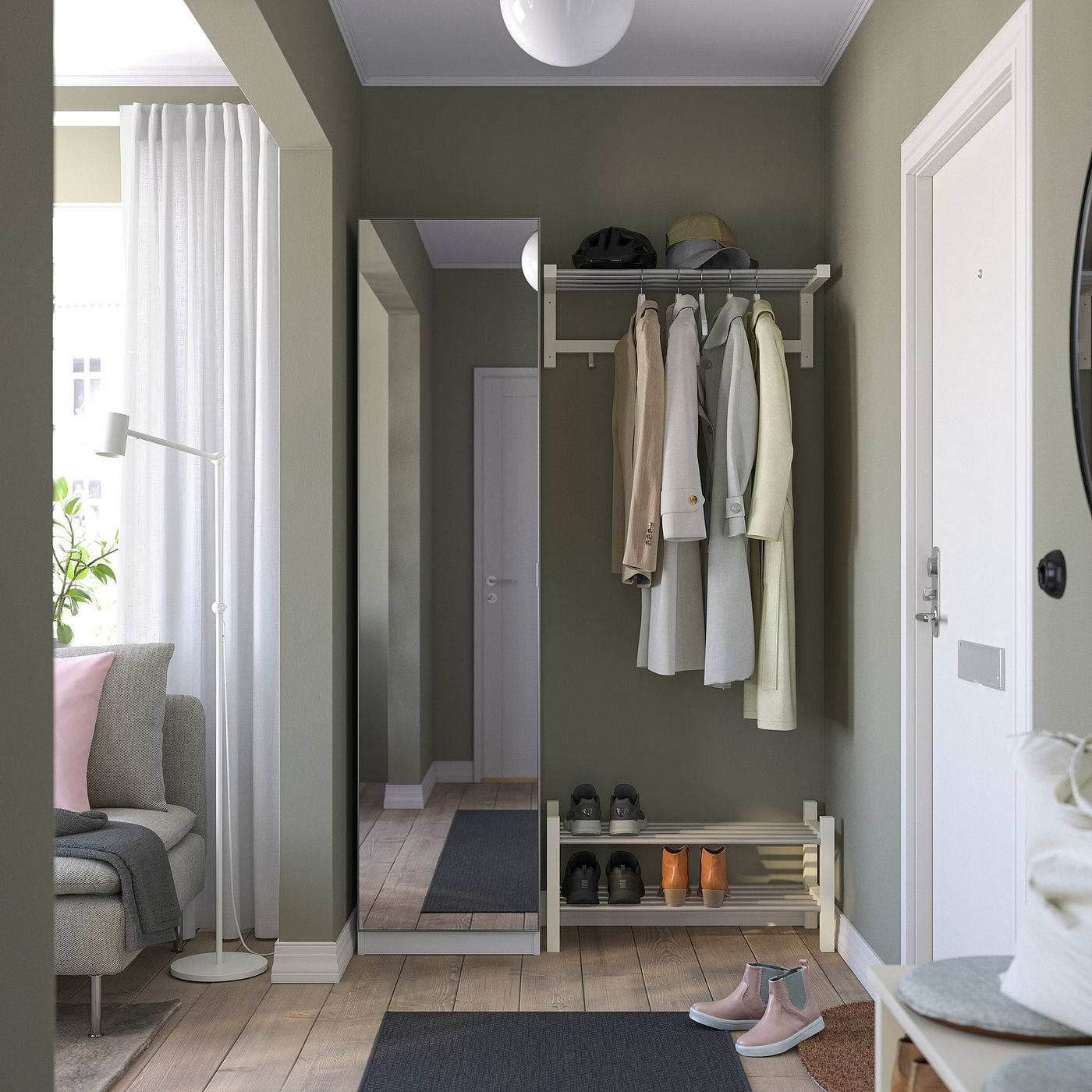 PAX / ÅHEIM wardrobe combination, white/mirror glass, 195/8x15x791