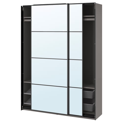 Modern wardrobe with mirrored sliding doors, featuring grey frame and internal mesh baskets.