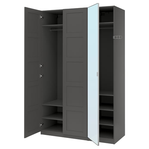 An open grey PAX wardrobe with multiple shelves and compartments, designed for efficient clothing storage.