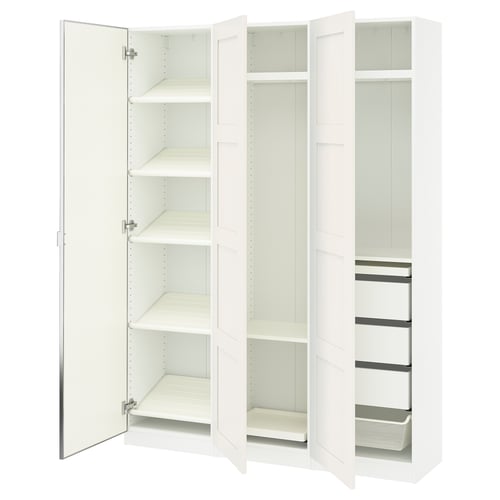 White PAX wardrobe, narrow design, mirrored doors, multiple shelves.