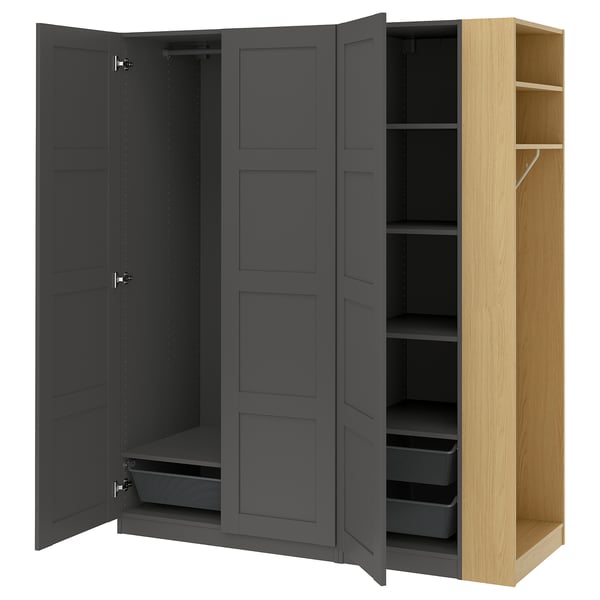 PAX / BERGSBO Wardrobe combination, dark gray dark gray/oak effect, 66 7/8x23 5/8x79 1/4 "