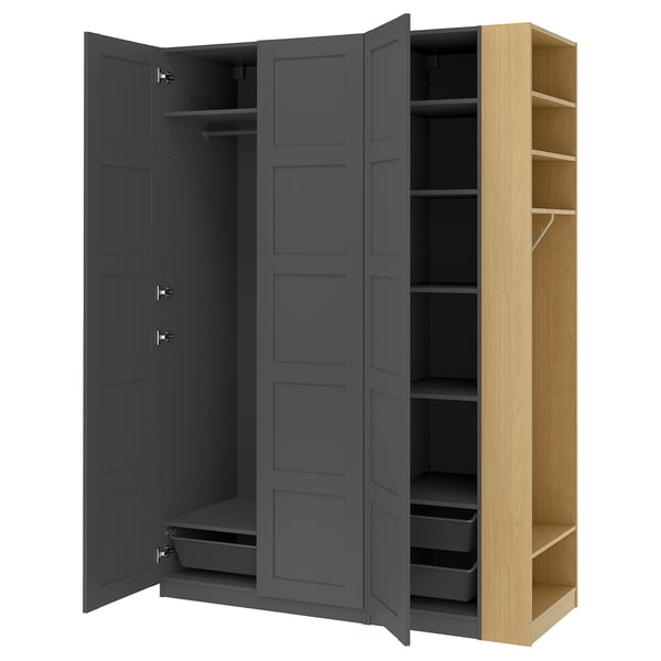 PAX / BERGSBO Wardrobe combination, dark gray dark gray/oak effect, 66 7/8x23 5/8x93 1/8 "