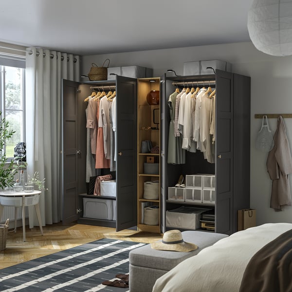 PAX / BERGSBO Wardrobe combination, dark gray dark gray/oak effect, 92 1/2x23 5/8x79 1/4 "