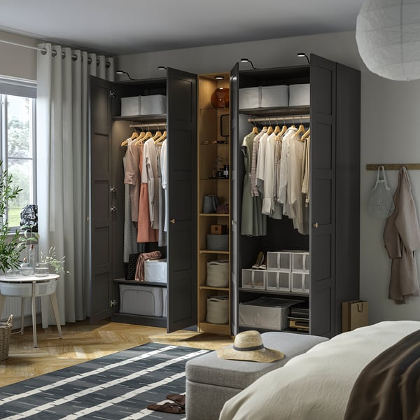 PAX / BERGSBO Wardrobe combination, dark gray dark gray/oak effect, 92 1/2x23 5/8x93 1/8 "