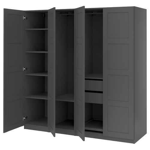 Dark grey PAX wardrobe with open doors, showcasing empty shelves and hanging rail.