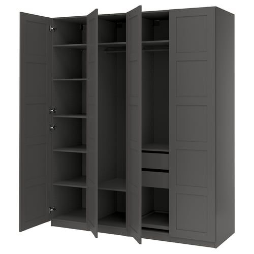 Black PAX wardrobe: tall, rectangular shape with 4 adjustable shelves and 2 hanging rails on either side, closed by panelled doors.