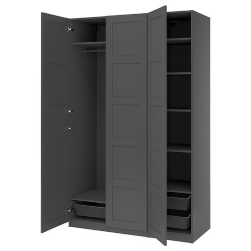 Dark grey PAX wardrobe with open doors revealing shelves and hanging rod. Modern design with flat panels and metallic mesh basket.