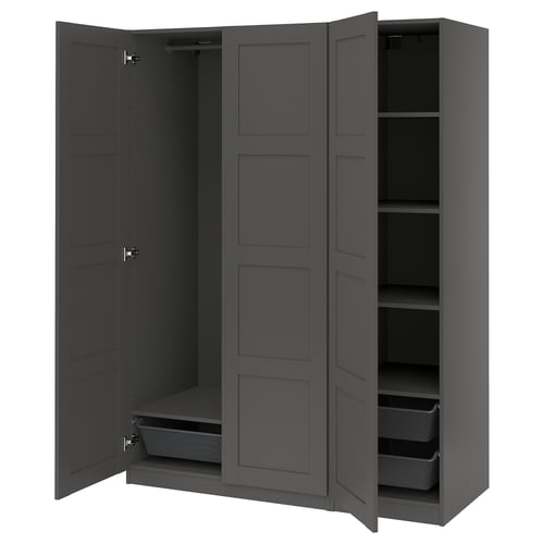 Grey PAX wardrobe, open doors revealing shelves and baskets.